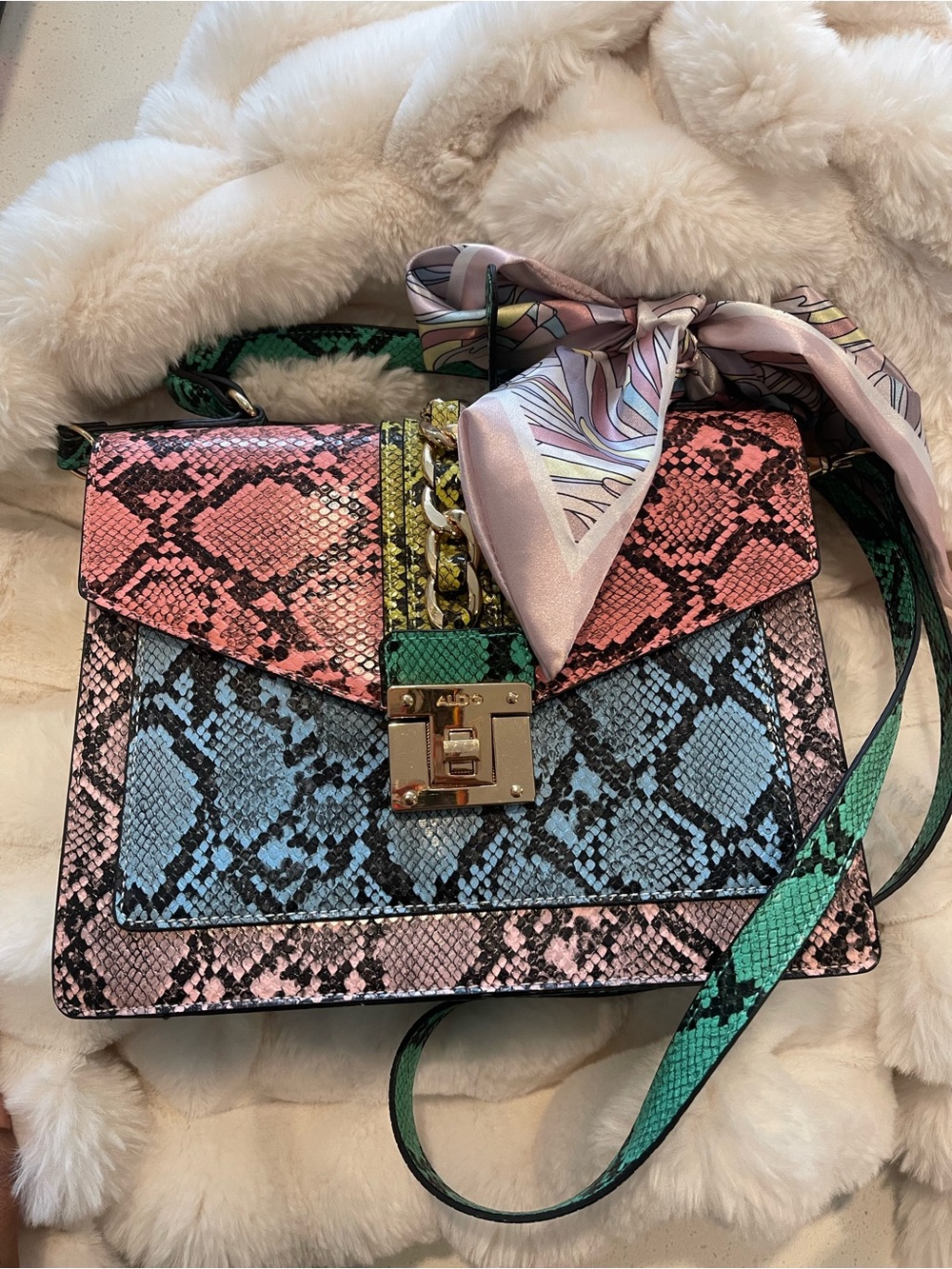 Aldo Multicolor Snake-Print Crossbody Bag with Scarf Accent